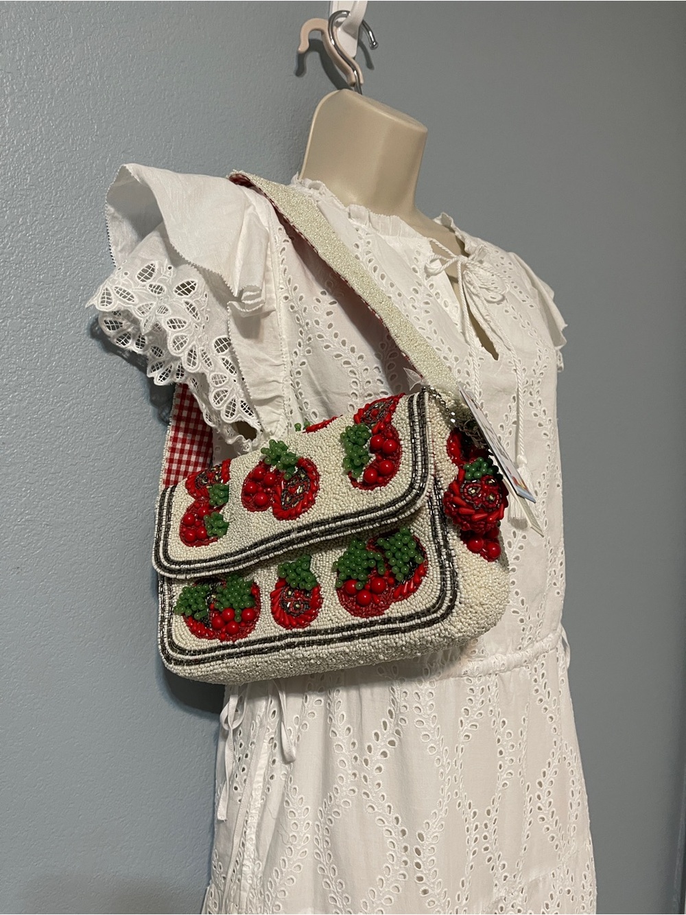 Handcrafted In India Beaded Tomato Shoulder Bag Gingham Strap Cottagecore NWT